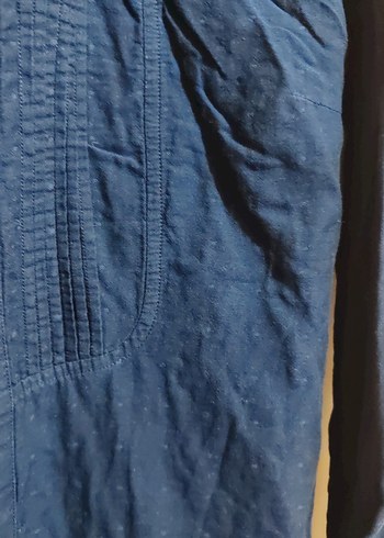 Düğmeli Mavi Kadın Keten Gömlek - Görsel 3