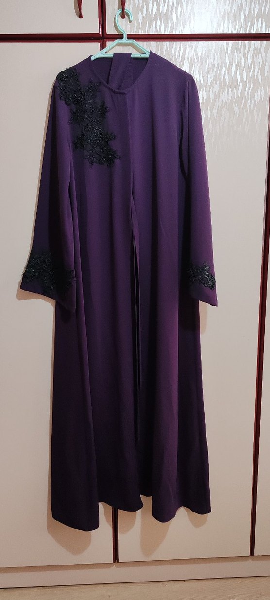 Uzun Mor Kadın Elbise Abaya Nakış Detaylı - Görsel 4