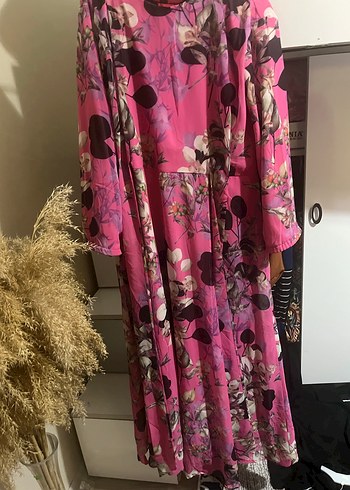 Uzun Kol, Yüksek Yakalı Pembe Bohem Elbise - Görsel 2