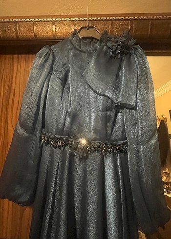 Lacivert Uzun Kollu Kadın Abiye Elbise - Görsel 2