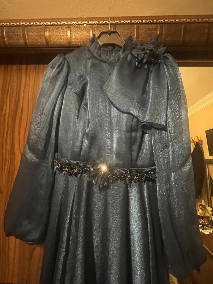 Lacivert Uzun Kollu Kadın Abiye Elbise - Görsel 2