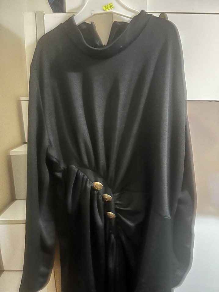 Düğmeli Siyah Uzun Kollu Gotik Elbise - Görsel 2