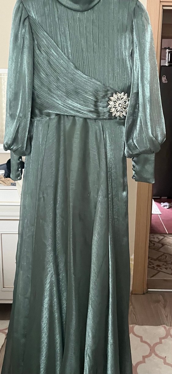 Yeşil  Vintage Pilili Uzun Abiye Elbise - Görsel 3