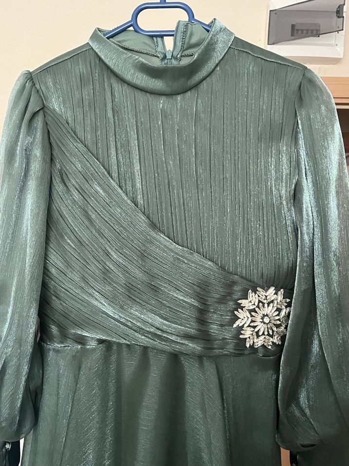 Yeşil  Vintage Pilili Uzun Abiye Elbise - Görsel 2