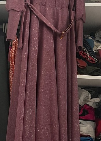 Uzun Mor Parlak Drapeli Abiye Elbise - Görsel 2