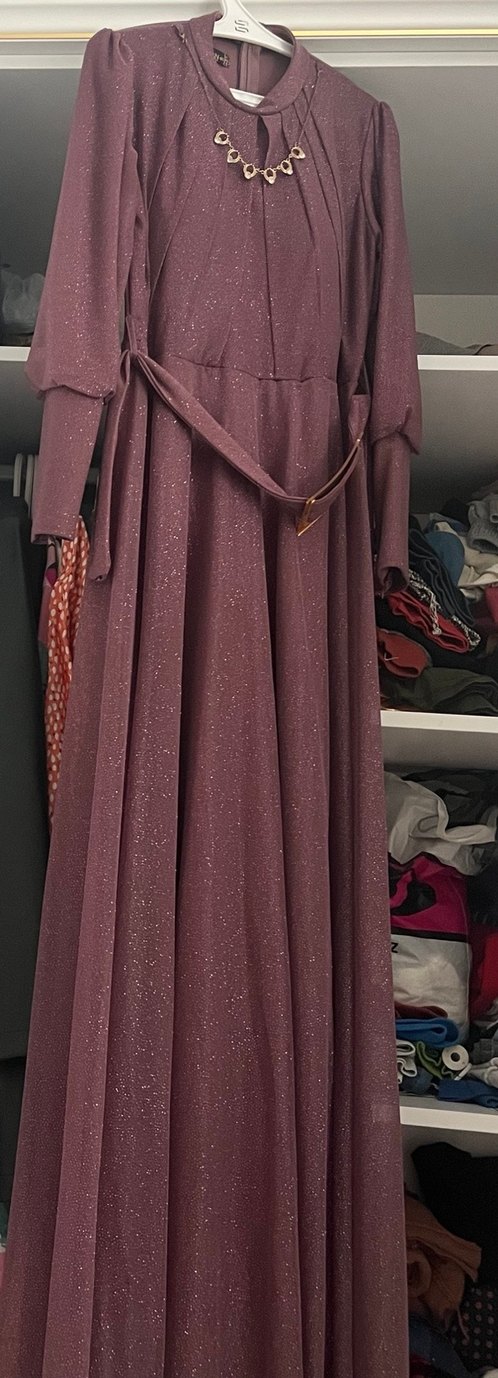 Uzun Mor Parlak Drapeli Abiye Elbise - Görsel 2