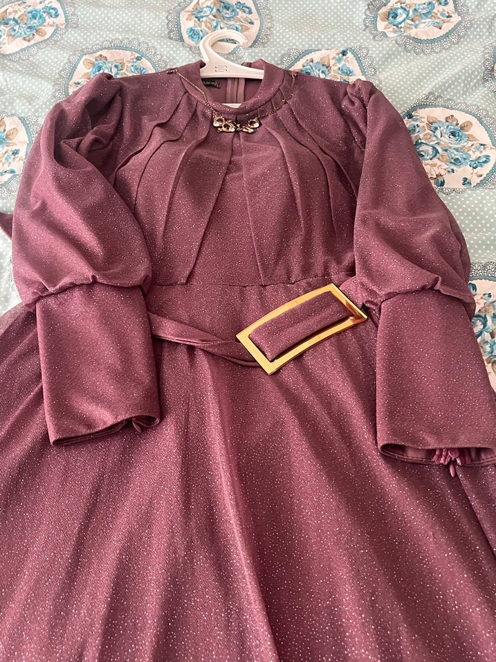 Uzun Mor Parlak Drapeli Abiye Elbise - Görsel 3