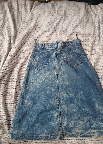 Düğmeli Mavi Batik Desenli Midi Kot Etek