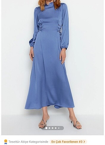 Trendyol modest mavi saten beli britli abiye elbise