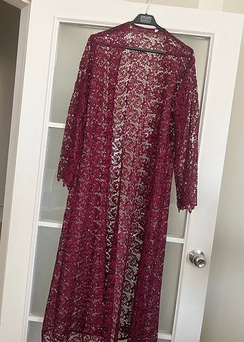 Bordo Nakışlı Uzun Kadın Kimono - Görsel 3