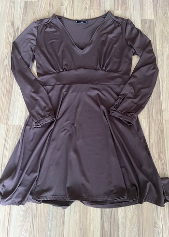 Uzun Kollu V Yaka Kahverengi Elbise - Görsel 3