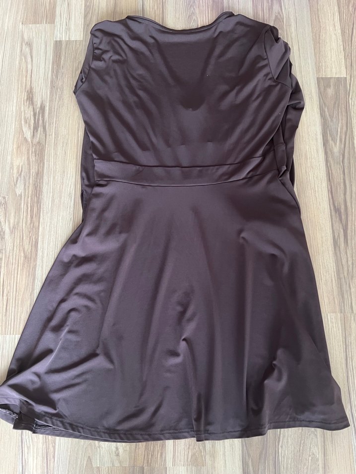 Uzun Kollu V Yaka Kahverengi Elbise - Görsel 4