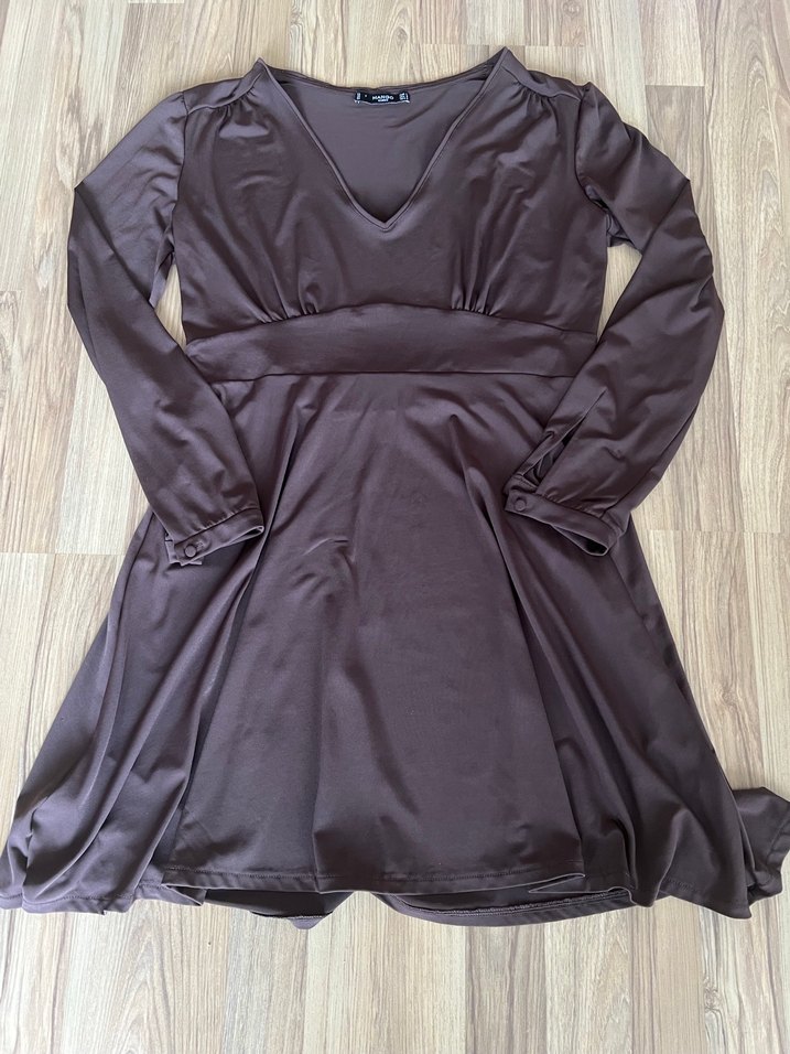 Uzun Kollu V Yaka Kahverengi Elbise - Görsel 3