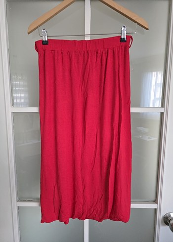 Kırmızı Midi Keten Uzun Etek - Görsel 2