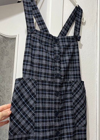 Ekose Desenli Gri Askılı Midi Elbise - Görsel 2