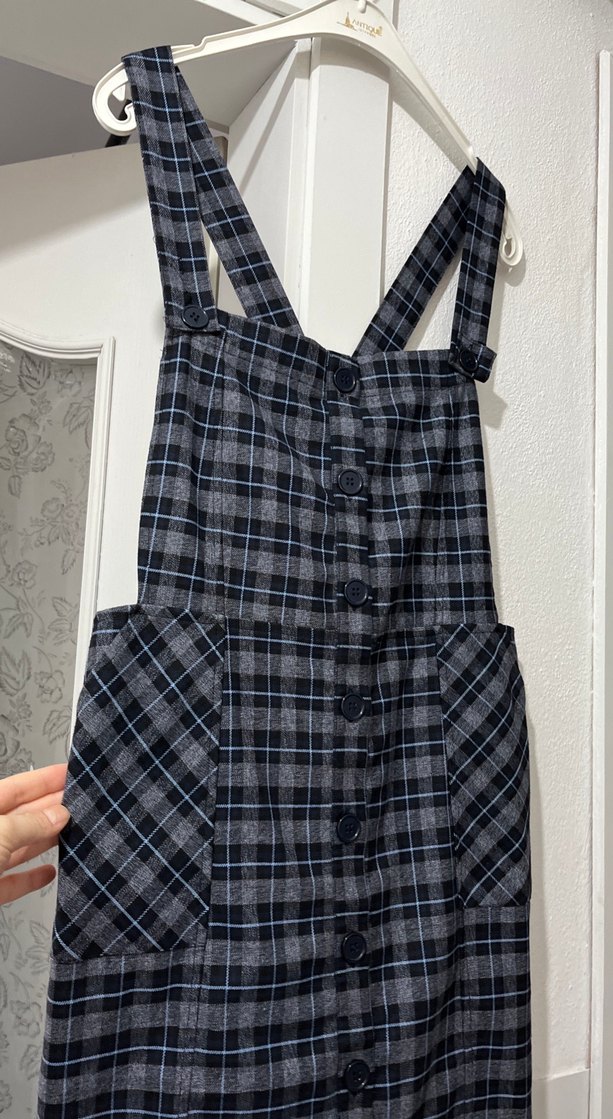 Ekose Desenli Gri Askılı Midi Elbise - Görsel 2