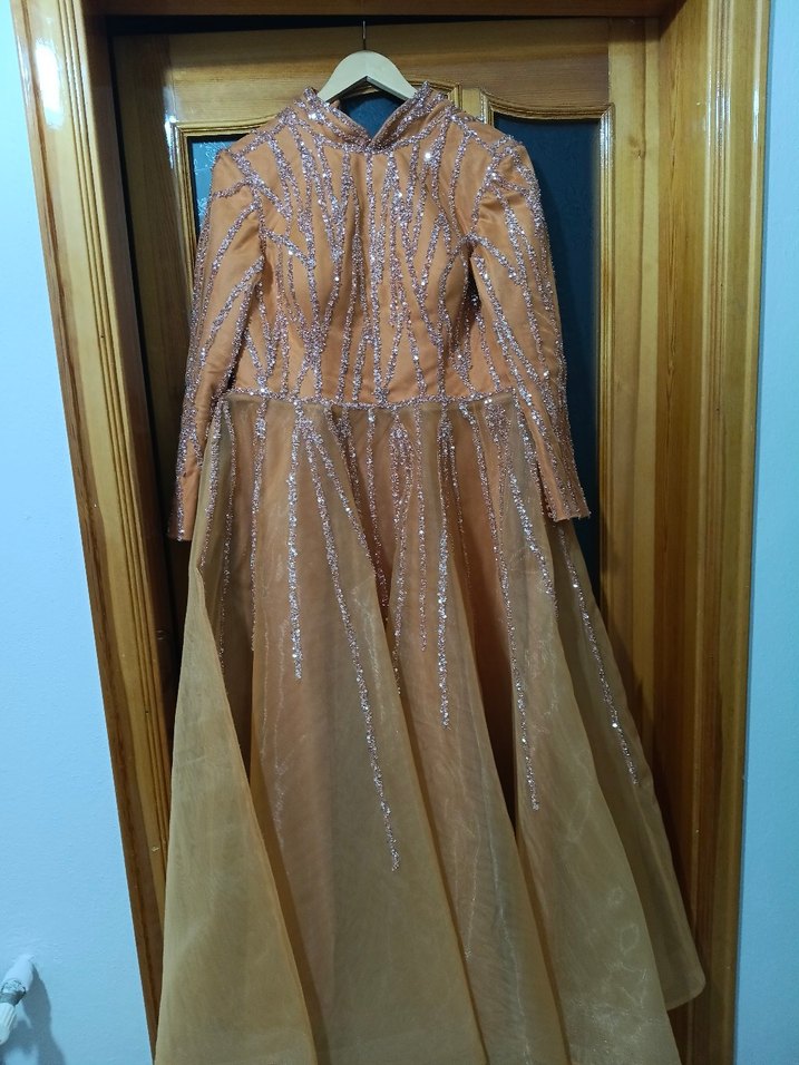 Bej Uzun Kollu İşlemeli Kadın Abiye - Görsel 2