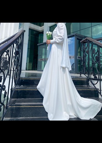 Uzun Kollu Beyaz Modern Gelinlik & nikah elbisesi