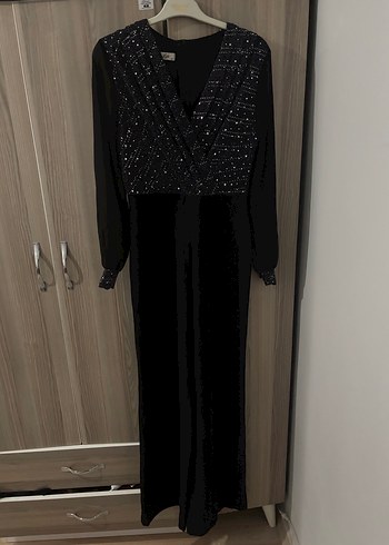 Siyah Payetli V Yaka Uzun Kollu Tulum - Görsel 2