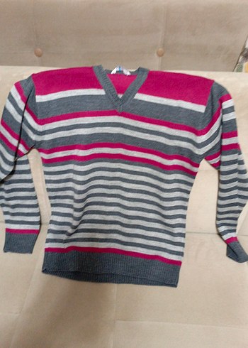 Gri Kırmızı Çizgili V Yaka Erkek Kazak - Görsel 5