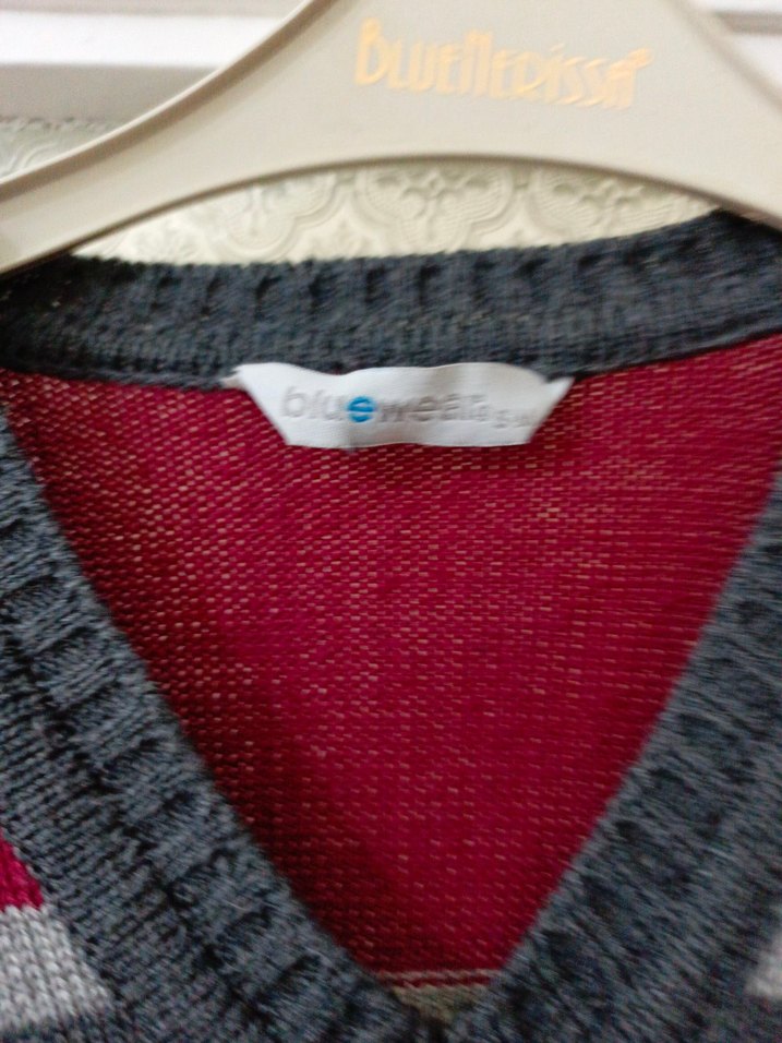 Gri Kırmızı Çizgili V Yaka Erkek Kazak - Görsel 2