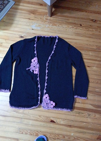 Pembe Dantelli Siyah Triko Kadın Hırka - Görsel 4