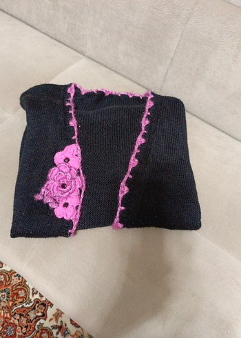 Pembe Dantelli Siyah Triko Kadın Hırka - Görsel 5