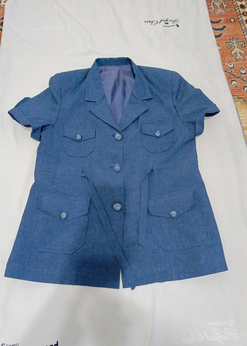 Düğmeli Kısa Kollu Lacivert Denim Kadın Ceket - Görsel 7