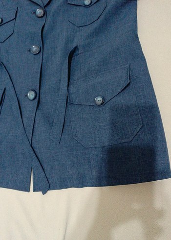 Düğmeli Kısa Kollu Lacivert Denim Kadın Ceket - Görsel 8