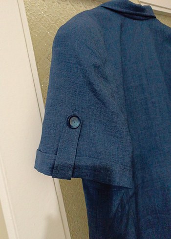 Düğmeli Kısa Kollu Lacivert Denim Kadın Ceket - Görsel 4