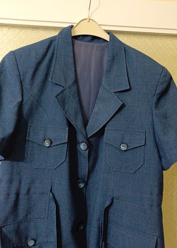 Düğmeli Kısa Kollu Lacivert Denim Kadın Ceket - Görsel 2