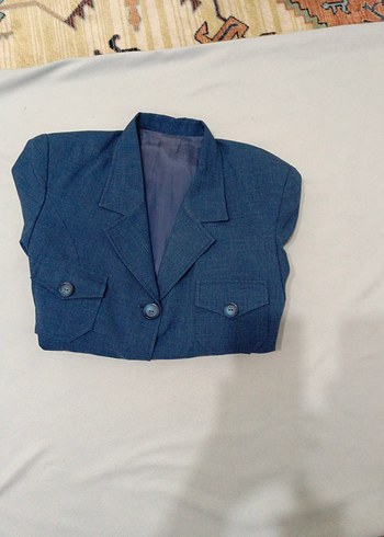 Düğmeli Kısa Kollu Lacivert Denim Kadın Ceket - Görsel 5