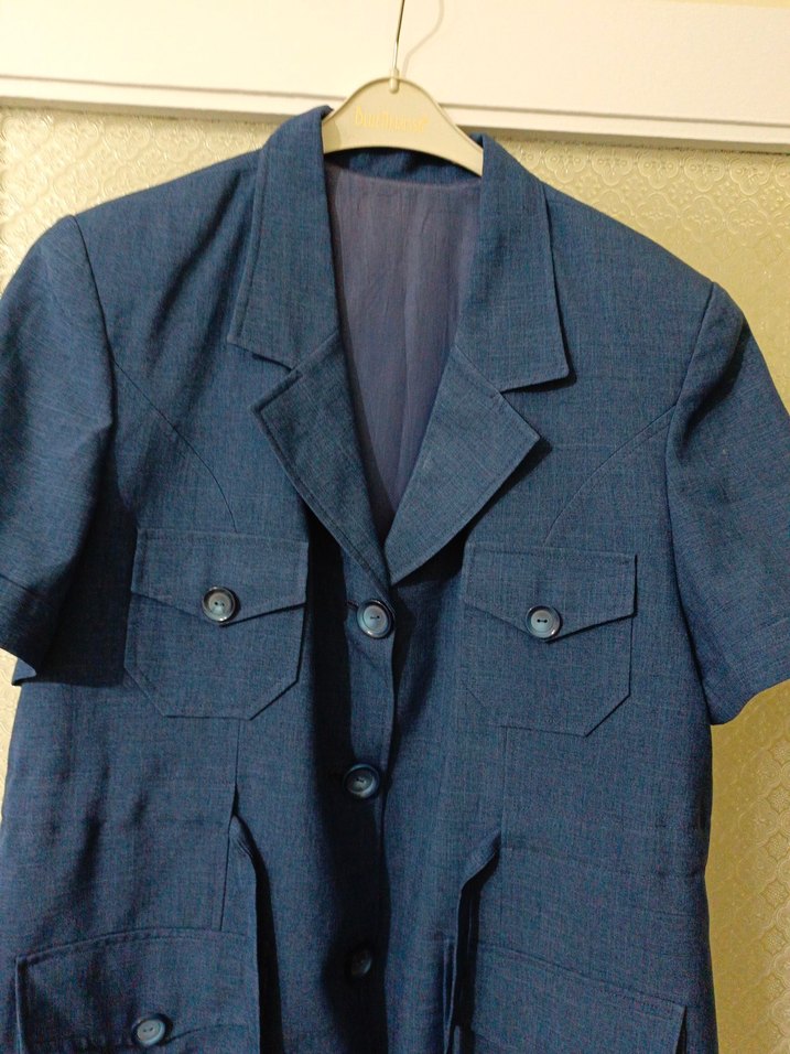 Düğmeli Kısa Kollu Lacivert Denim Kadın Ceket - Görsel 2