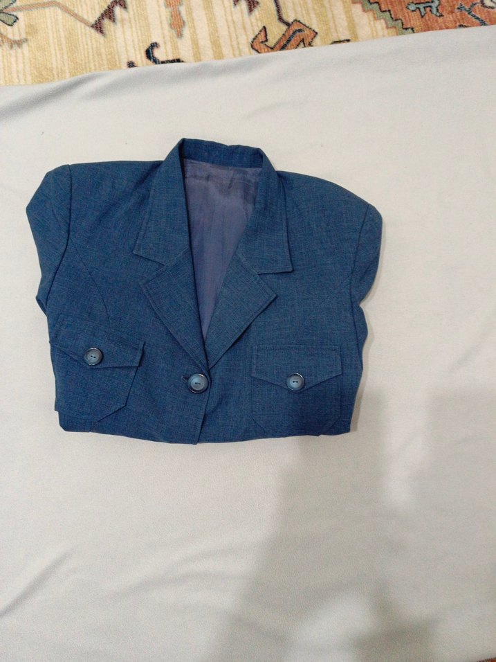 Düğmeli Kısa Kollu Lacivert Denim Kadın Ceket - Görsel 5