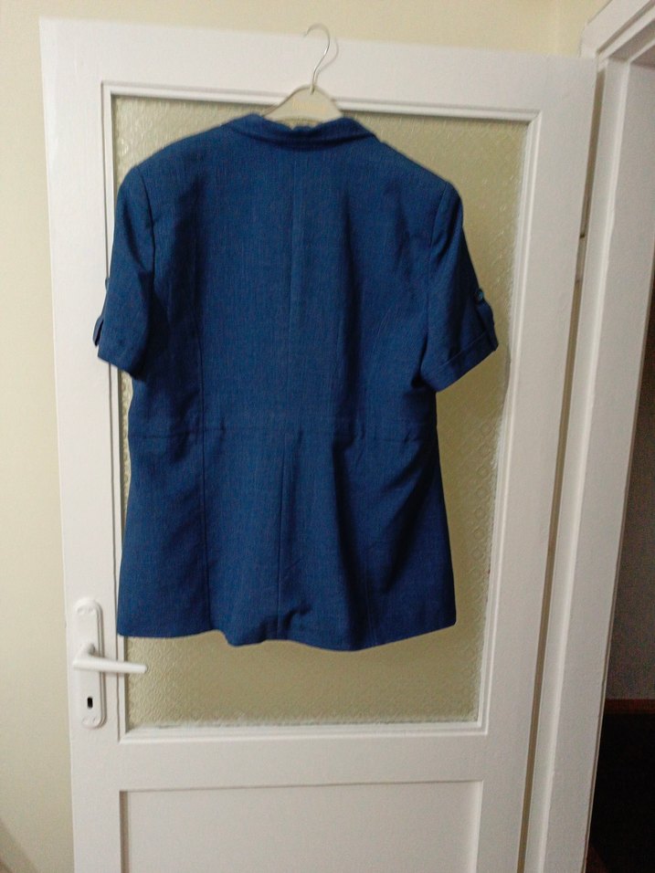 Düğmeli Kısa Kollu Lacivert Denim Kadın Ceket - Görsel 3