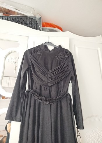Abiye Uzun Siyah Drapeli Kadın Abiye Elbise