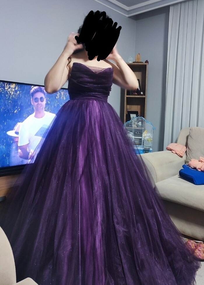 Mürdüm simli tütü nişan elbisesi - Görsel 2