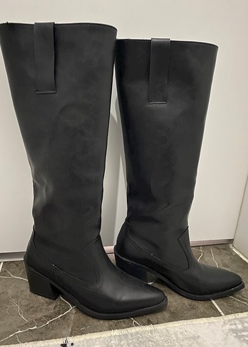 Siyah Deri Kadın Dizüstü Bot Blok Topuklu - Görsel 7