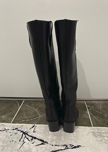 Siyah Deri Kadın Dizüstü Bot Blok Topuklu - Görsel 8