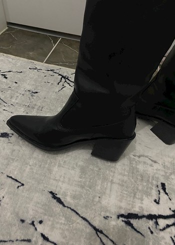 Siyah Deri Kadın Dizüstü Bot Blok Topuklu - Görsel 10