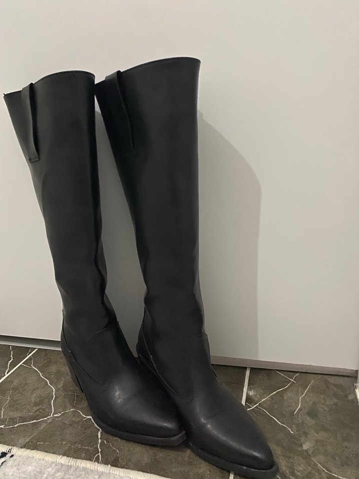 Siyah Deri Kadın Dizüstü Bot Blok Topuklu - Görsel 5