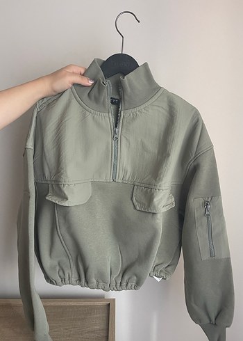 Yarım Fermuarlı haki Kadın Sweatshirt