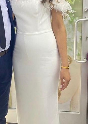 Beyaz Uzun Boy Straplez Drape Detaylı Abiye