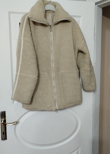 Bej Kadın Peluş Ceket, Fermuarlı, Normal Boy