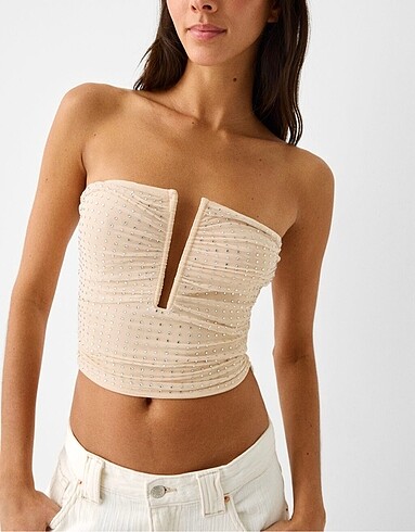 Bershka Parlak Taşlı Metalik Crop Top