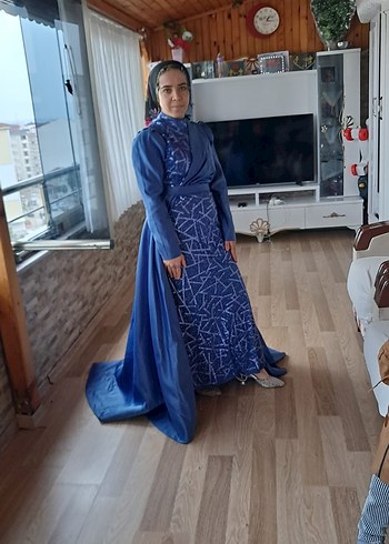 Mavi Drapeli Uzun Abiye Elbise - Görsel 5