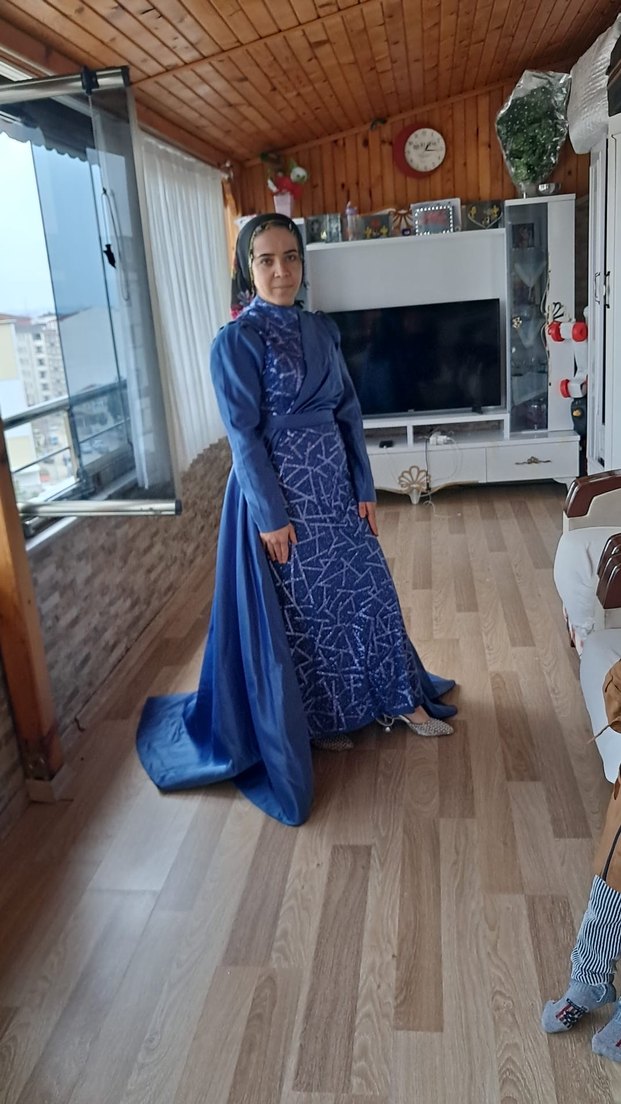 Mavi Drapeli Uzun Abiye Elbise - Görsel 5