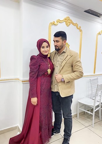 Bordo Uzun Kollu Dökümlü Kadın Bindallı Elbise - Görsel 3