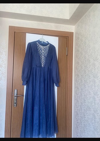 Parlak Lacivert Uzun Kollu Piliseli Abiye Elbise - Görsel 2