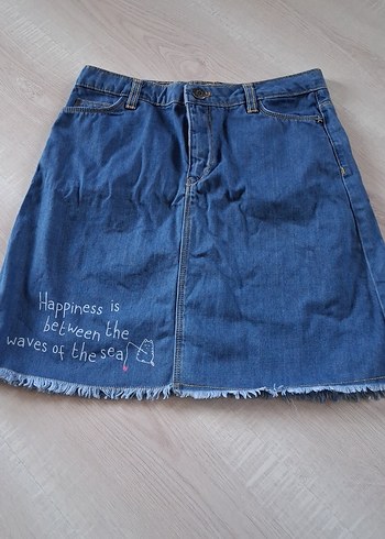 38 Beden Nakışlı Mavi Denim Midi Etek